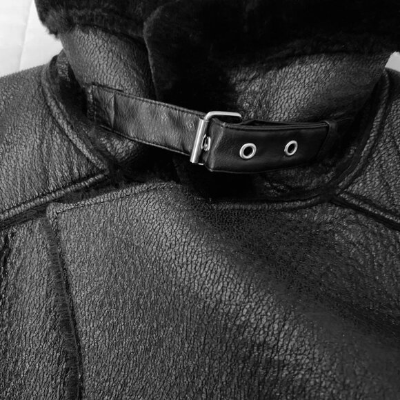 ZARA BLACK FAUX LEATHER SHEARLING FUR DOUBLE FACED BIKER JACKET AVIATOR COAT - Picture 9 of 10